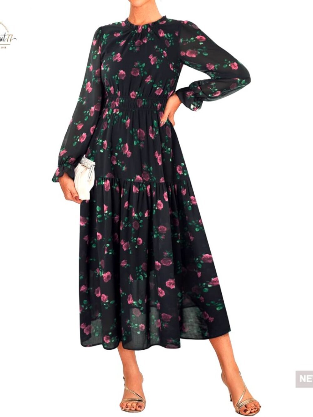 Long Sleeve Maxi Dress with Pockets, Chiffon Flowy Formal Wedding Guest